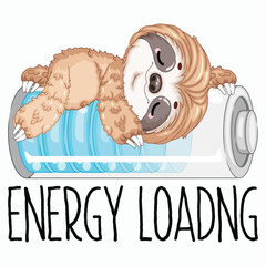 Fototapeta premium Cartoon Sloth Sleeping on Battery Front View Vector Illustration
