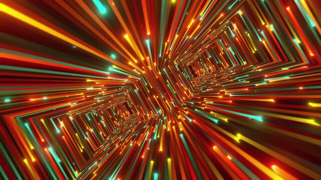 A captivating seamless 4k VJ loop featuring an infinite geometric space with symmetrical neon lines in purple, blue, magenta, and orange for VJ sets, high-tech club visuals,  electronic music festival