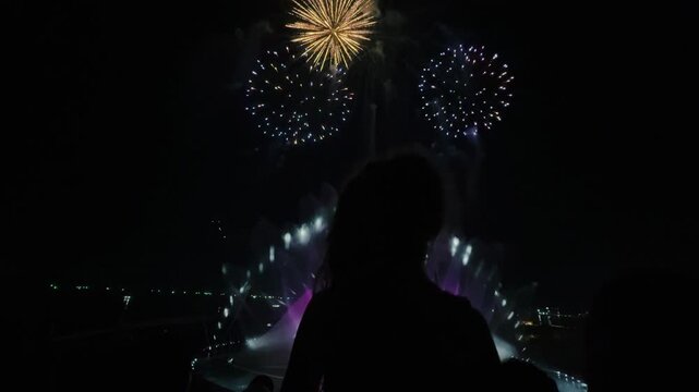 Little girl watching a light show with fireworks exploding. Rear view of a child watching a fantastic fireworks show at night. 4k footage