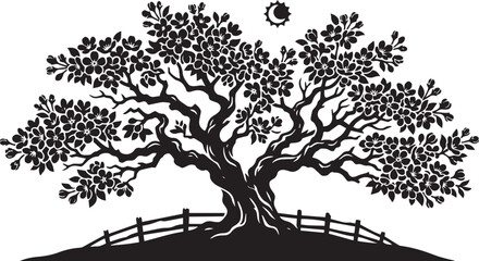 Fototapeta premium Black silhouette of a large tree with a fence and sun background 