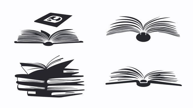 Collection of stylized book icons in monochrome. Features multiple open books, stacked books, and a single book with pages open