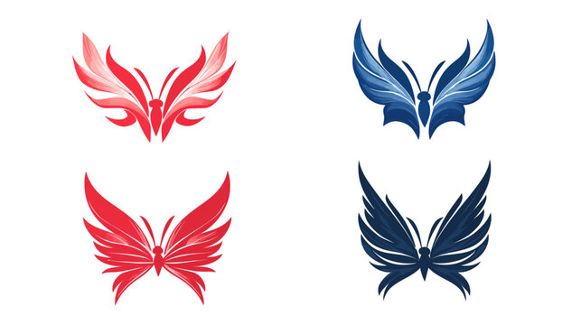 Four stylized butterfly designs in red and blue hues on a plain white background