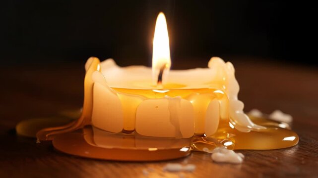 Close-up of a single candle burning low with melted orange wax pooling on a dark wooden table in a dark room, creating abstract shapes and warm golden light reflections.