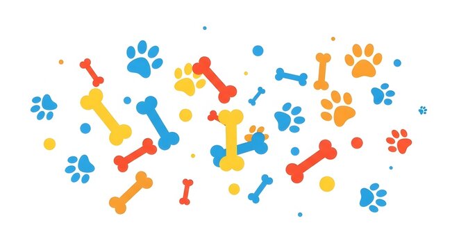 Confetti background with bones paw prints and pet themed celebration shapes
