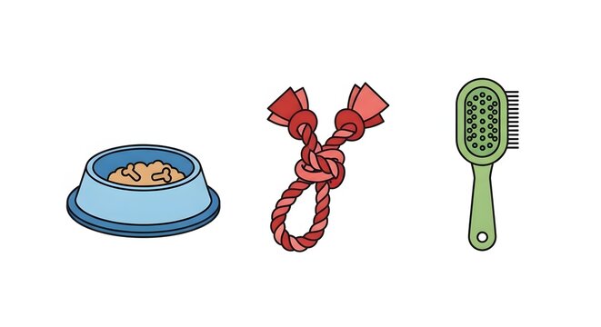 Pet bowl rope toy and brush icons for dog grooming and feeding concept
