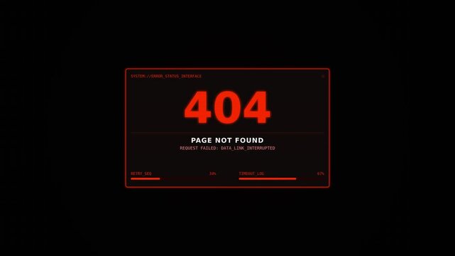 Red neon 404 error screen on black backdrop with minimalist cyberpunk UI and subtle glitch accents...