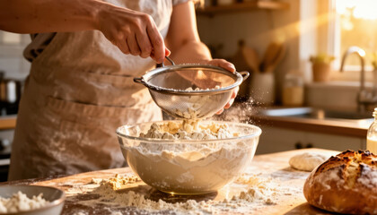 Fototapeta premium The woman sifts flour into a bowl while preparing to bake. Flour dust fills the air as the woman focuses on her baking task in the warm kitchen light.