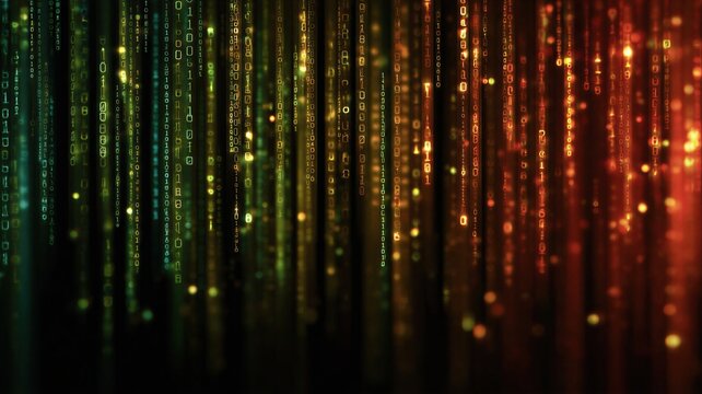 Abstract digital background with binary code stream. Glowing orange and green data flow in vertical lines. Information technology concept for cybersecurity, programming and internet.