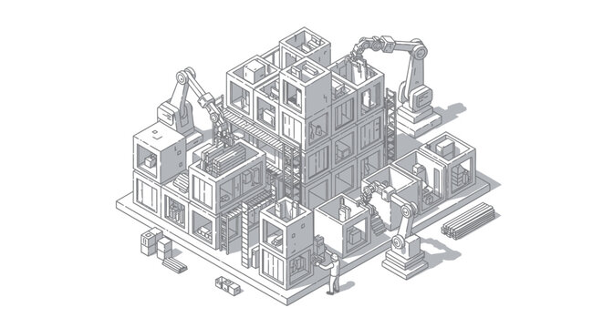 Isometric Automated Modular Construction Site with Robotic Arms and Prefabricated Housing Units