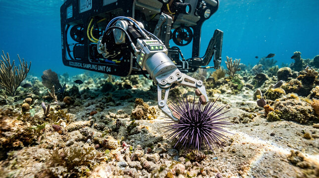 Robotic arm picking up purple sea urchin on coral reef