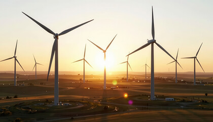 Naklejka premium Wind turbines are visible across the landscape as the sun sets. The setting sun casts a warm glow on the wind turbines, highlighting their blades and bases.