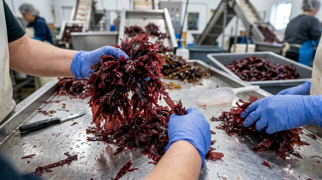 Workers in blue gloves processing red seaweed in factory