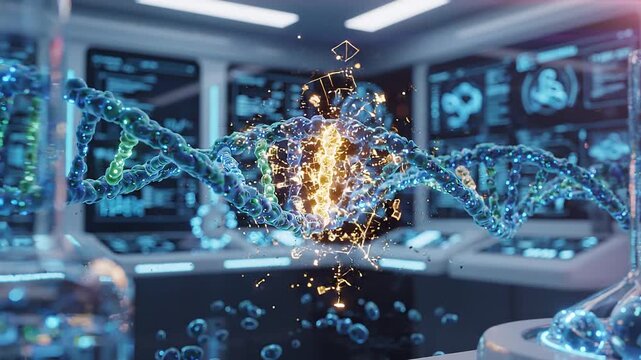 AI editing DNA strand, glowing helix structure, digital particles, biotechnology concept, futuristic lab environment, soft cinematic lighting, seamless loop, 4K
