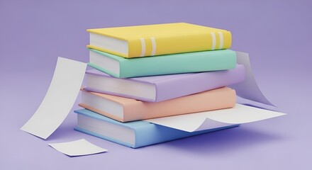 Fototapeta premium Colorful Stack of Books with Loose Pages on Pastel Purple Background