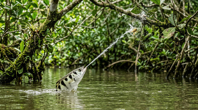 Archerfish spitting water at spider on branch in mangrove swamp