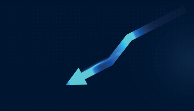 A glowing neon line turns into a sharp arrow pointing down, signaling a sudden shift in digital Finance. and A bright blue arrow aims downward