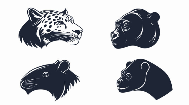 Four stylized animal head profiles, including a jaguar, gorilla, rat, and bear, on white background