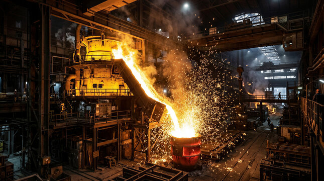 Molten steel pouring from blast furnace in heavy industrial foundry