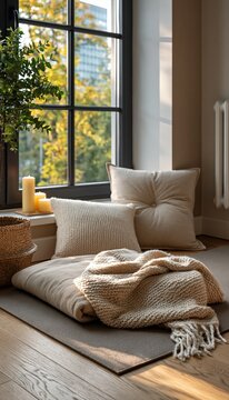 Empty quiet corner prepared for prenatal stretching and breathwork with mat blanket cushion near lar