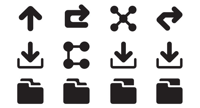 Set of twelve icons depicting arrows, share symbols, download, and folders on white.