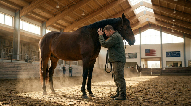 Man petting brown horse in large indoor riding arena