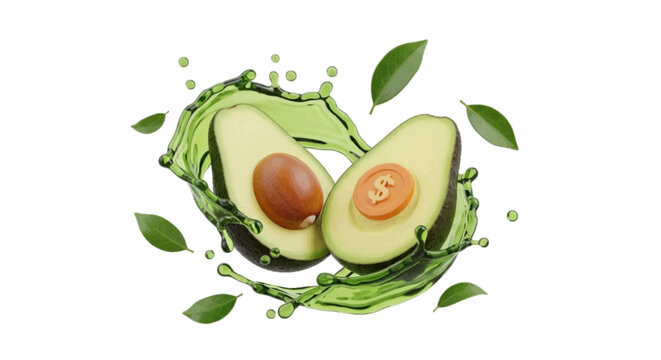 Vector illustration&nbsp;of avocado halves with a coin instead of a pit on a transparent background