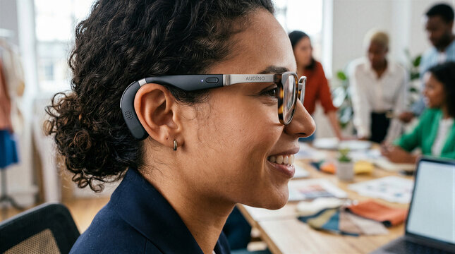 Smiling woman wearing audio smart glasses in busy creative office