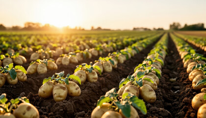 Fototapeta premium rows of potato plants in a field at sunset. The potato plants have leafy tops and are brightly lit by the setting sun.