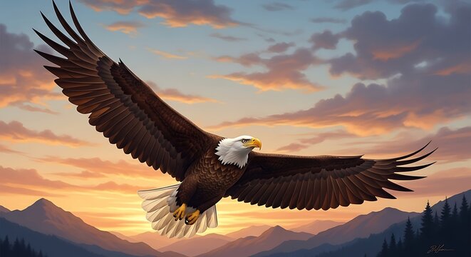 Majestic bald eagle soaring through a vibrant sunset sky over mountain peaks