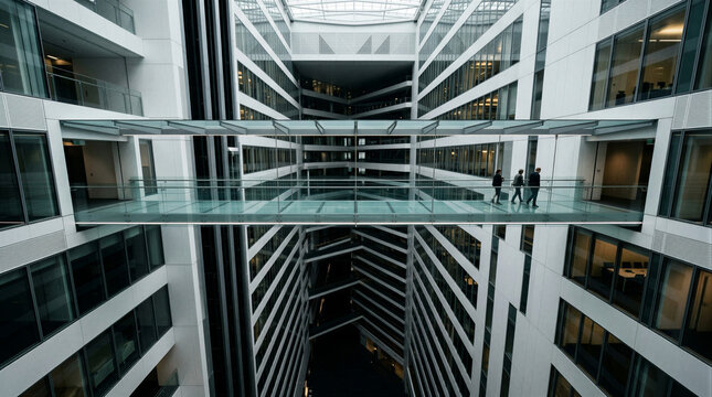 Modern corporate office atrium with glass skybridge and workers