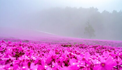 Naklejka premium Vibrant pink moss phlox field covered in glistening dew drops. Ethereal shibazakura landscape on a misty morning with blurred forest background.