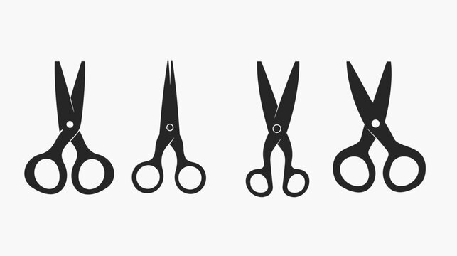 A group of four black scissor silhouettes in various open and closed positions on a white background