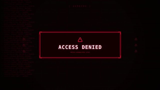 Red 'ACCESS DENIED' alert centered on a dark cyber interface with code fragments flanking it /warning