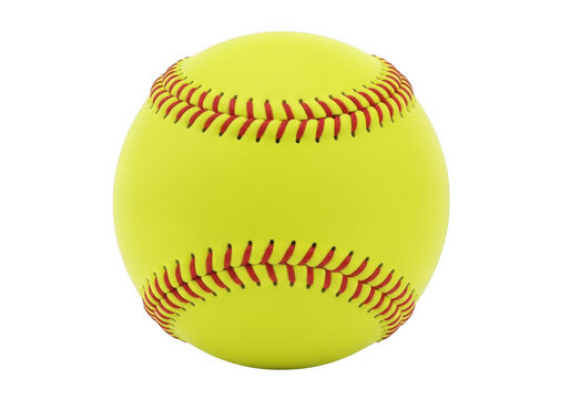 Bright yellow baseball with red stitching and white pentagon pattern isolated on transparent background