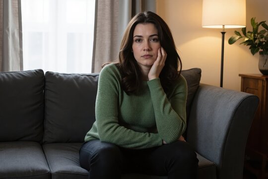 a woman sitting on a couch in a living room