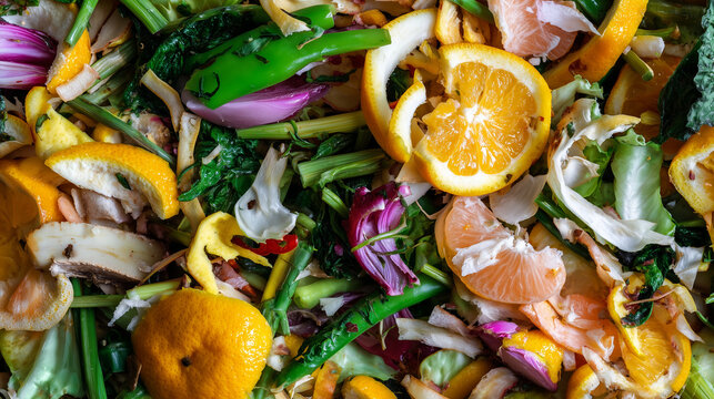 Colorful organic food scraps texture with oranges, greens and vegetable leftovers, compost and food waste concept, eco recycling background, sustainable kitchen disposal, natural b