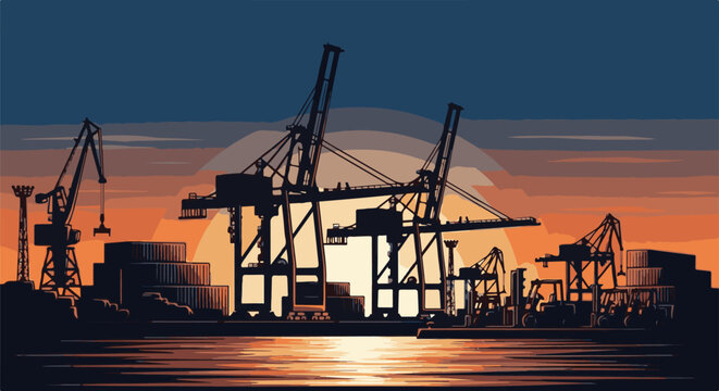 Silhouetted cranes and containers at a port during a vibrant sunset