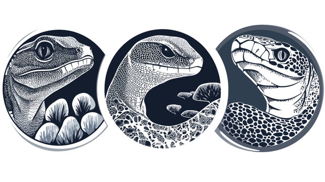 Stylized illustrations of reptiles, each within a circular frame, featuring detailed textures and shading