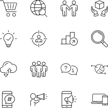 Digital marketing business e-commerce analytics icons set, shopping cart, globe, people, magnifying glass, lightbulb, bar chart
