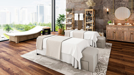Oriental Luxury Modern Spa Treatment Room Interior with City View, 3D Rendering © G3D Studio