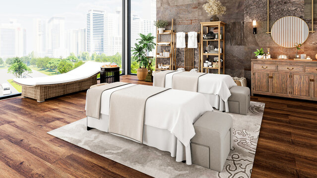 Oriental Luxury Modern Spa Treatment Room Interior with City View, 3D Rendering