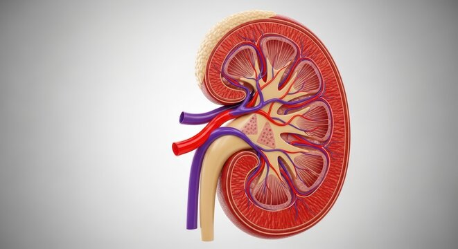 3d illustration of human kidney anatomy showing internal structure with renal cortex, medulla, and blood vessels