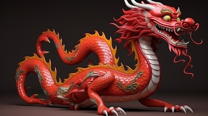 Fototapeta premium A vivid red Chinese dragon statue with multiple curling bodies and a white mane against a dark background