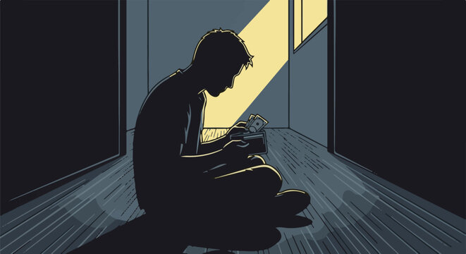 Silhouette of a person counting money in a dimly lit room