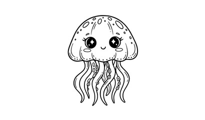 Whimsical jellyfish with big eyes and flowing tentacles line art coloring page for kids vector © Nirendranath