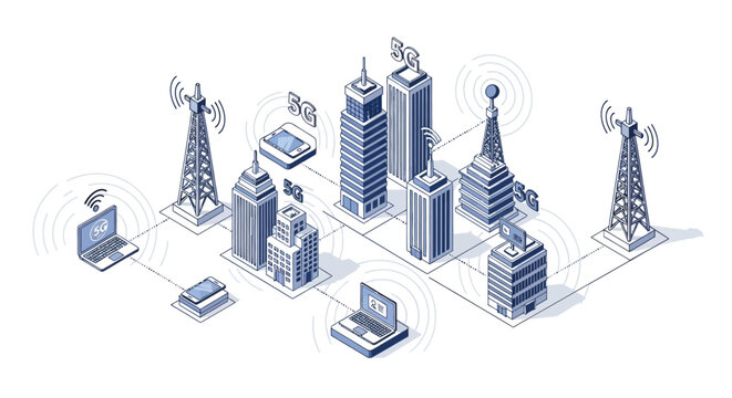 5G Smart City Isometric Illustration with Wireless Network Towers, Skyscrapers and Connected Devices