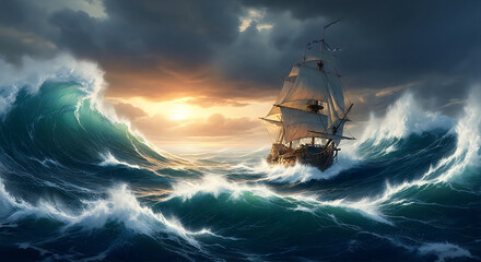 Old wooden ship sailing through a giant storm wave at sunset