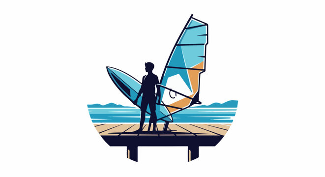 Silhouette stands on dock with surfboard and windsurf sail against ocean backdrop