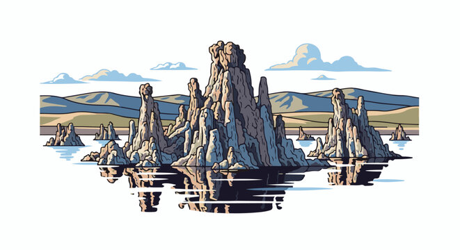 Pixelated tufa formations rise from a calm lake, reflecting in its waters under a cloudy sky