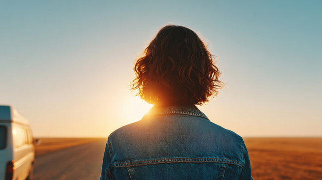 Back view waist up of person in denim jacket standing on road during sunset with warm light and open landscape